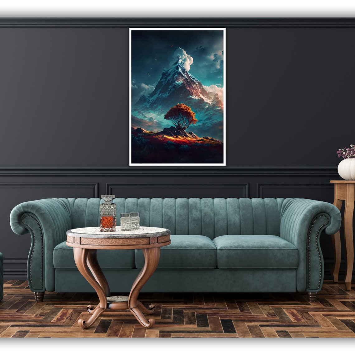 Snowcapped Mountain Peak Autumn Lone Tree Twilight Landscape Poster - Image 4