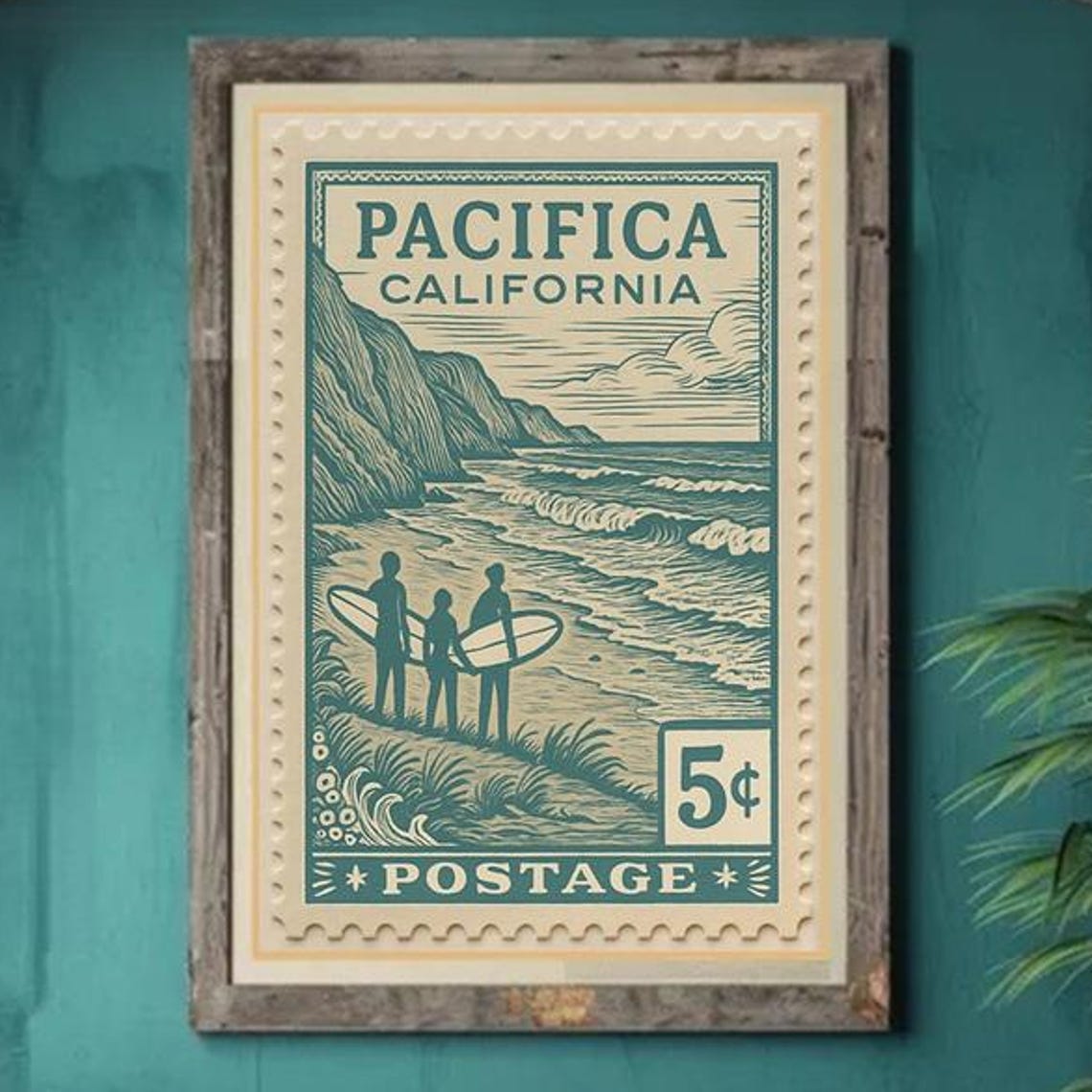 Pacifica California Surf Beach Coast Vintage Postage Stamp Poster