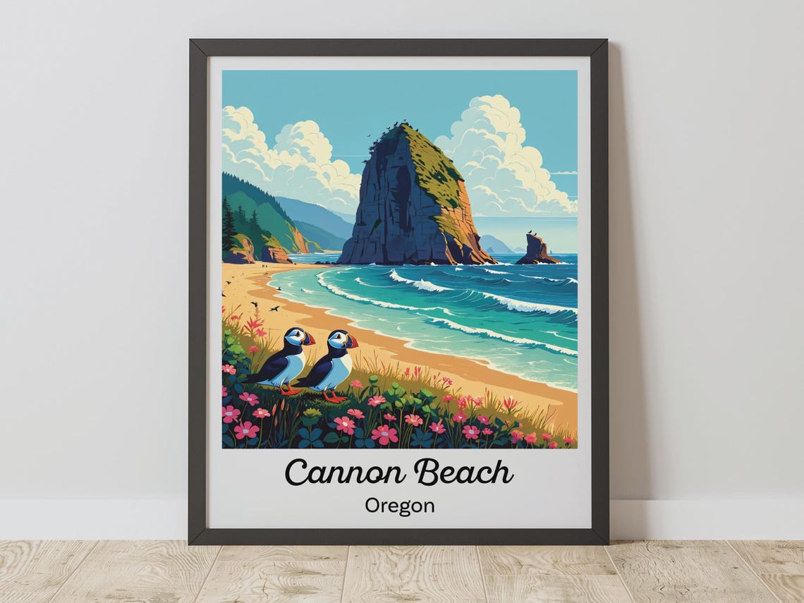 Cannon Beach Oregon Haystack Rock Puffins Coastal Travel Poster