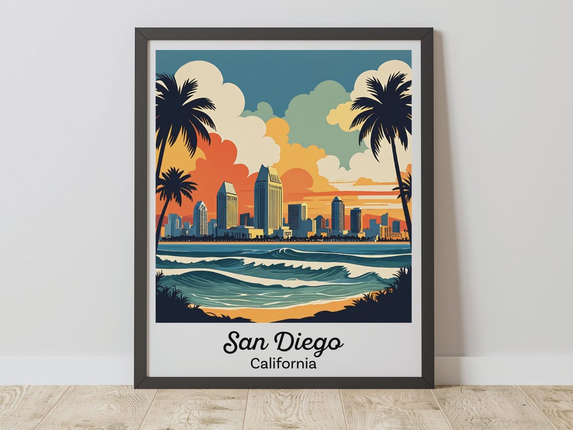 San Diego California Downtown Skyline Sunset Vintage Travel Poster