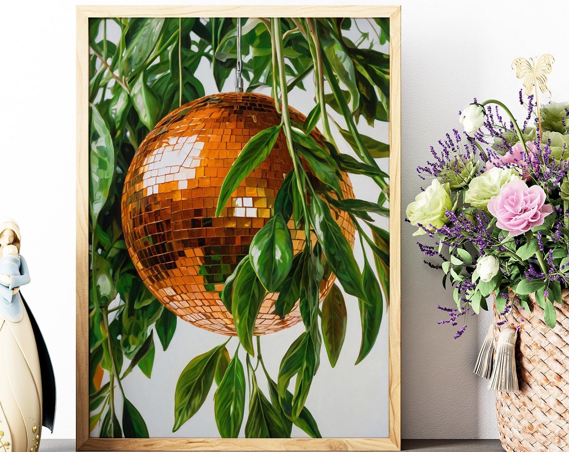 Orange Disco Ball Mirror Ball Green Leaves Retro Party Wall Art