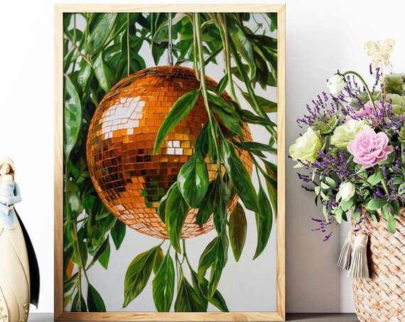 Orange Disco Ball Mirror Ball Green Leaves Retro Party Wall Art