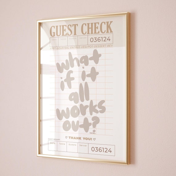 Trendy Neutral Wall Art Guest Check Print What If It All Works Out Poster Preppy Beige Retro Bar Cart Apartment Decor
