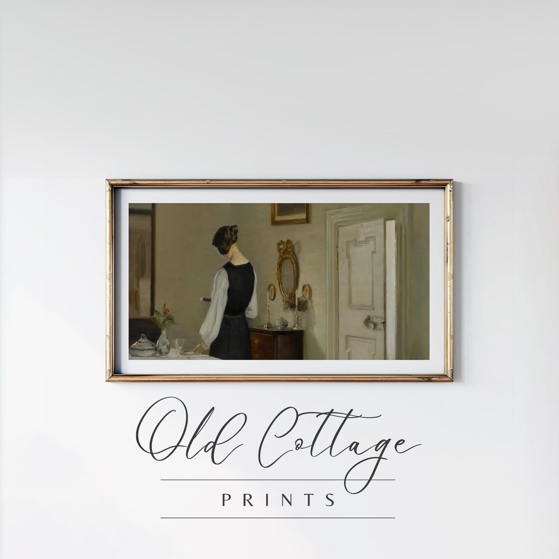Woman at Vanity Quiet Interior Vintage Domestic Oil Painting Poster - Image 2
