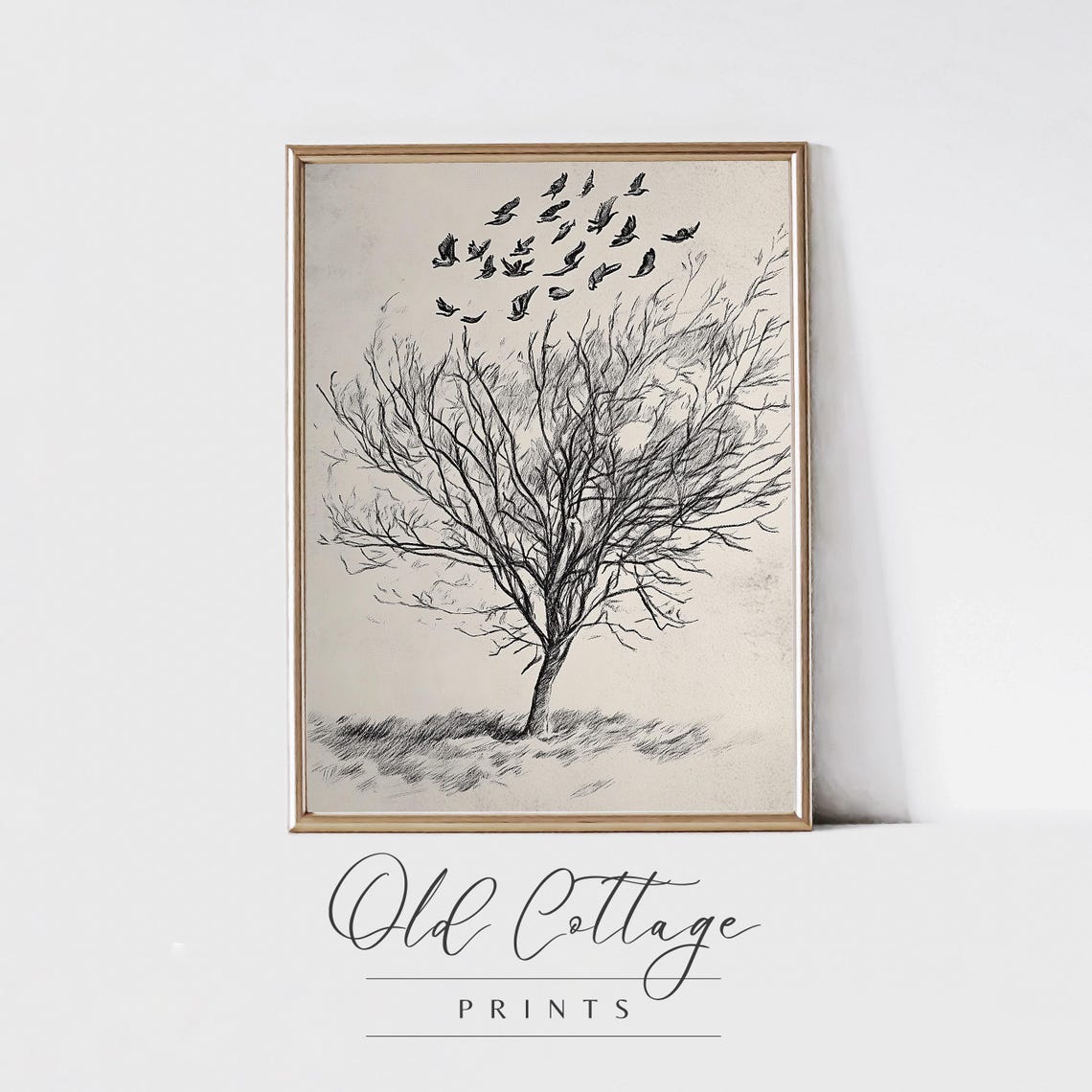 Bare Tree with Flock of Birds Black Ink Minimalist Sketch Print