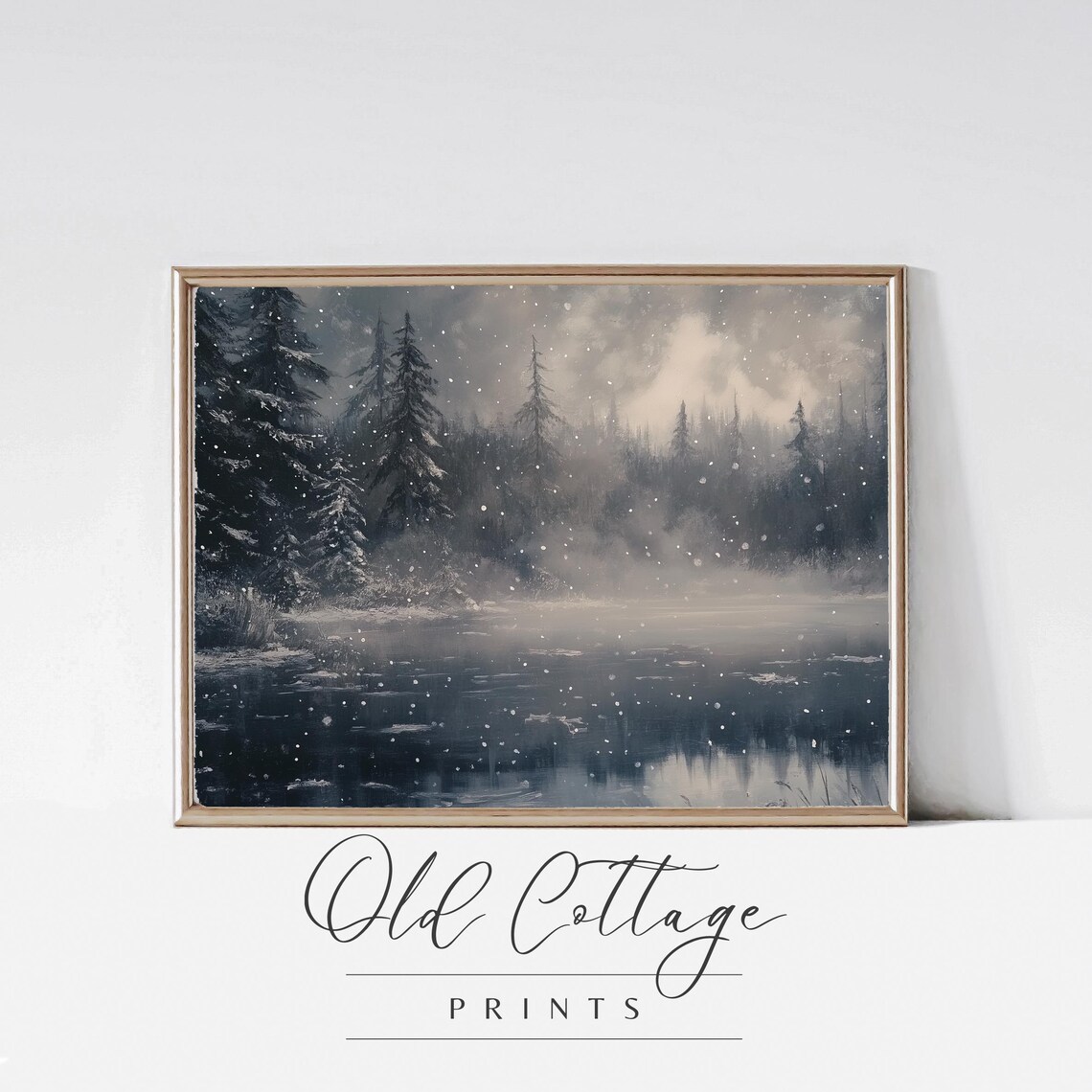 Moonlit Snowy Forest Frozen Lake Night Winter Landscape Painting Poster