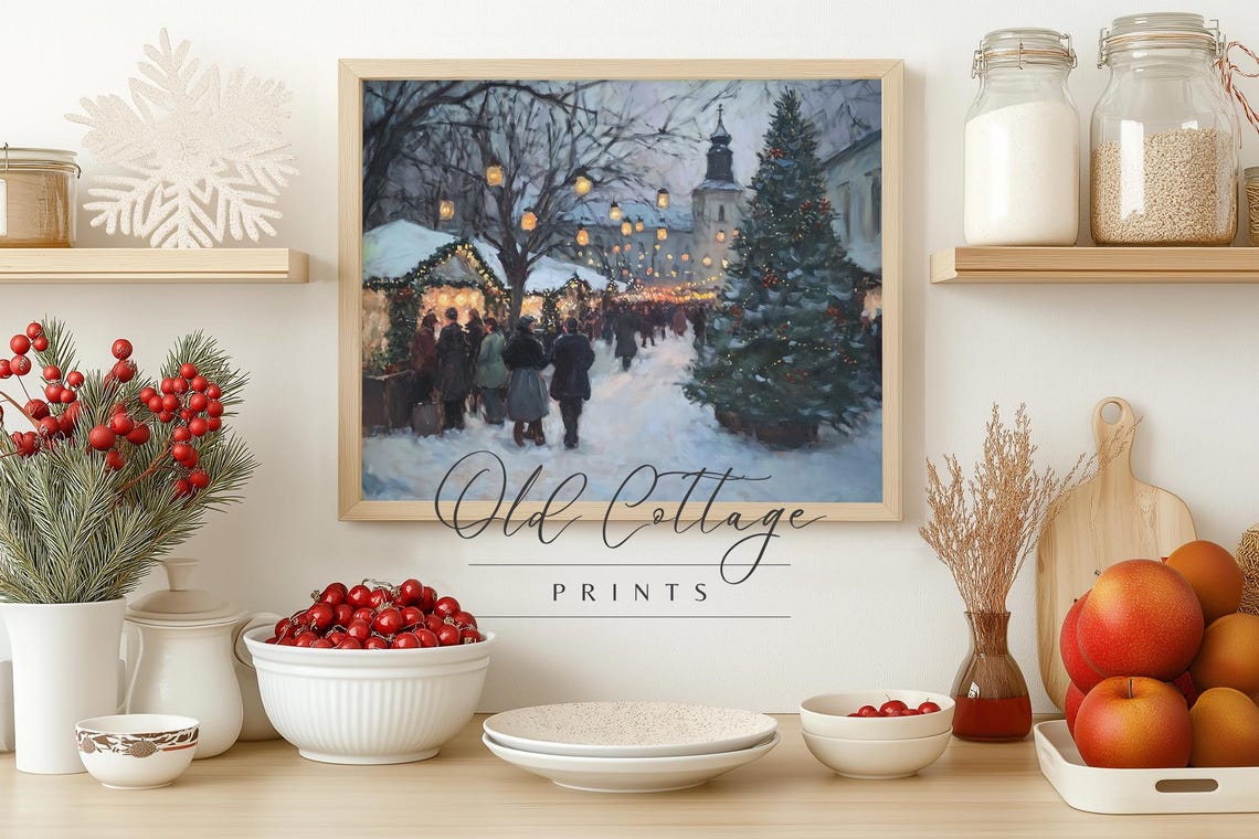 Festive Winter Market Art Snowy Christmas Scene Print Decorated Village And Holiday Lights Art Cozy Seasonal Wall Decor Winter - Image 2
