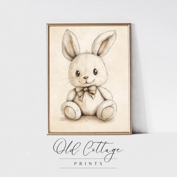 Cute Sketched Bunny with Bow Soft Beige Neutral Nursery Poster