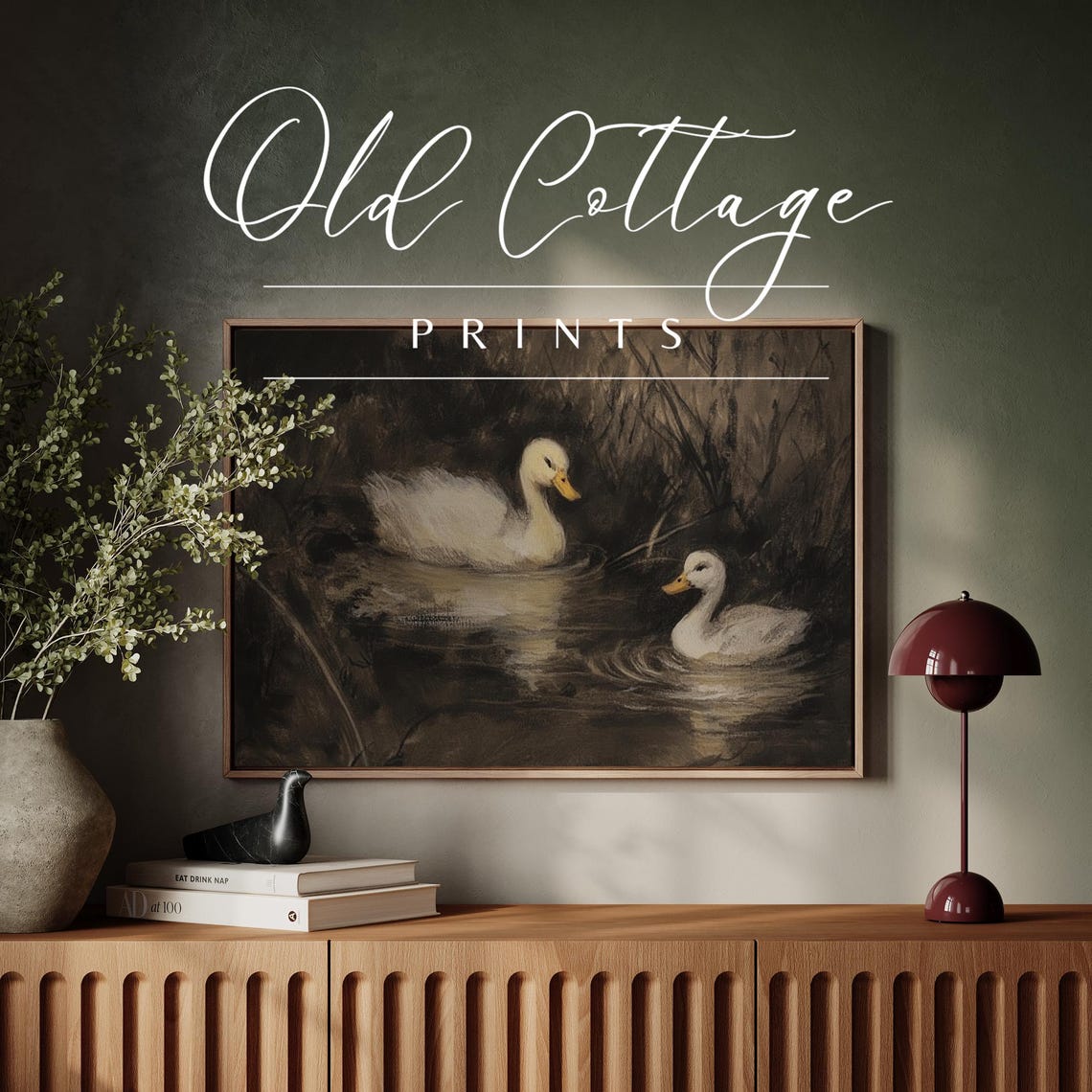 Two White Ducks Swimming In A Moody Dark Evening Pond Painting Poster - Image 3