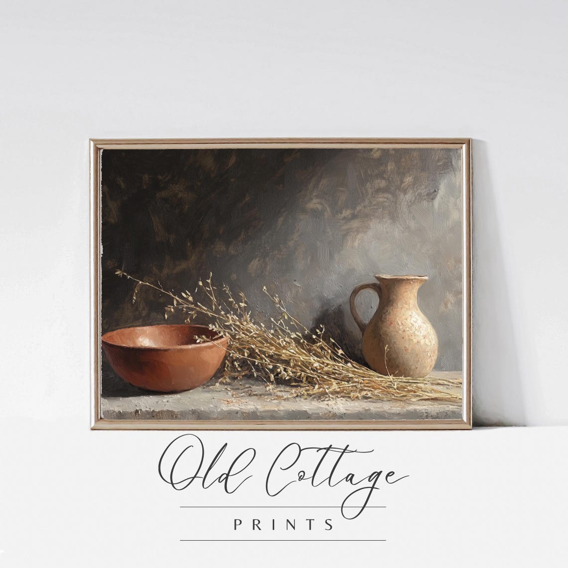 Rustic Clay Pitcher and Bowl with Dried Wheat Dark Still Life Poster