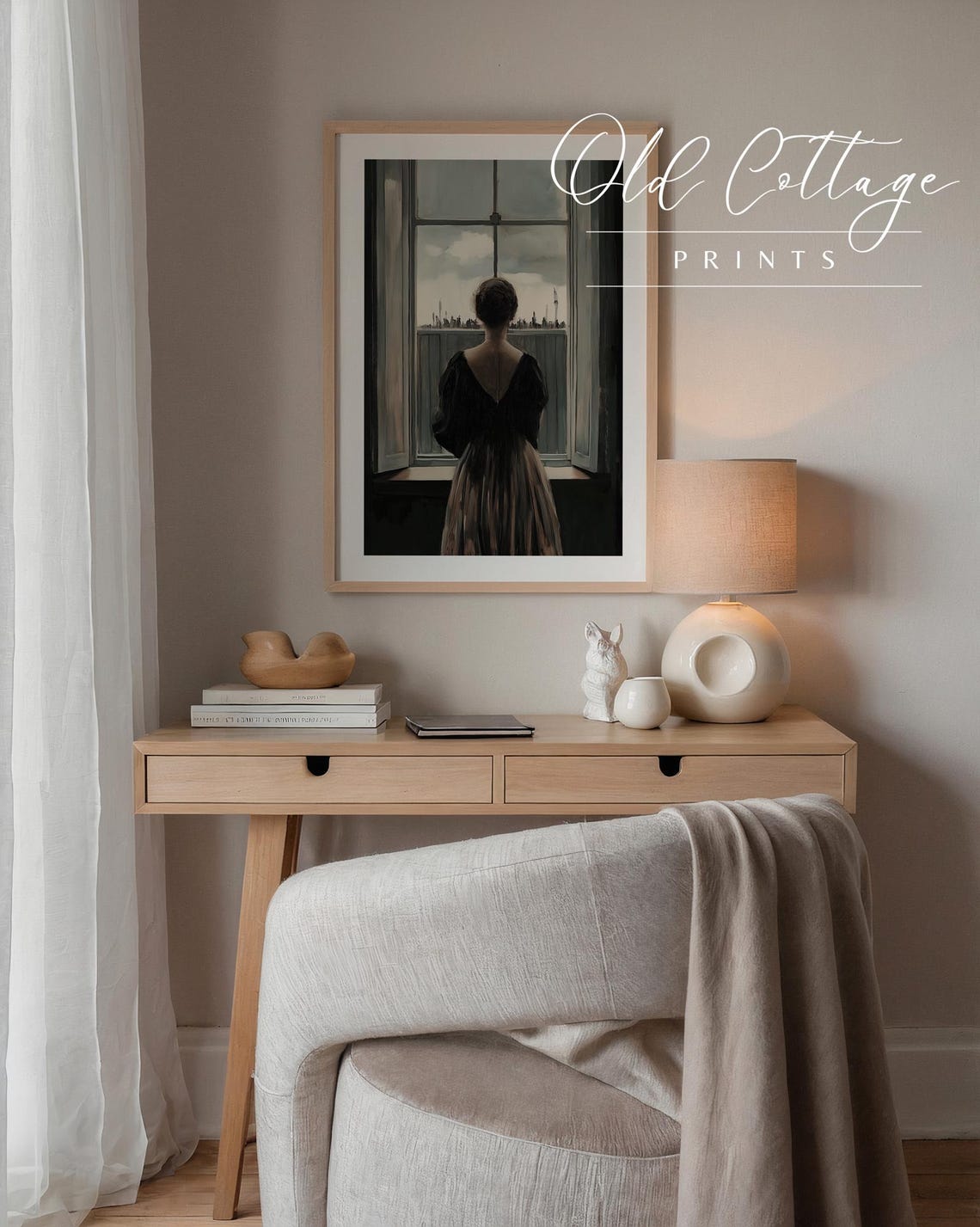 City Gaze Print Vintage Woman Art Moody Cityscape Painting Woman In Window Print Art 0084 - Image 3