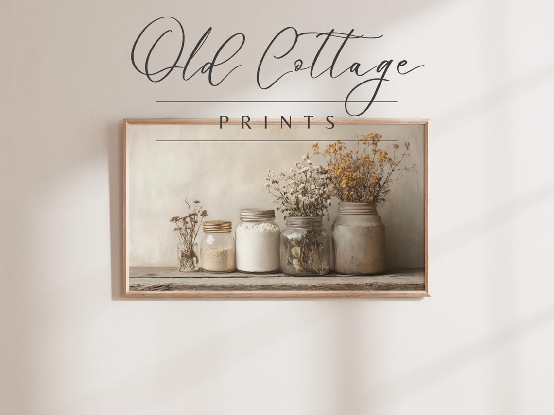 Dried Flowers in Glass Jars on Rustic Wooden Shelf Minimalist Poster - Image 2