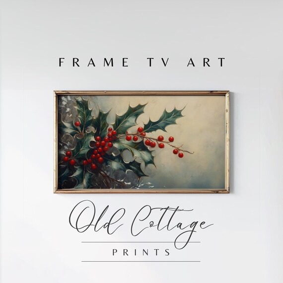 Holly Branch Red Berries Vintage Botanical Christmas Still Life Painting Poster
