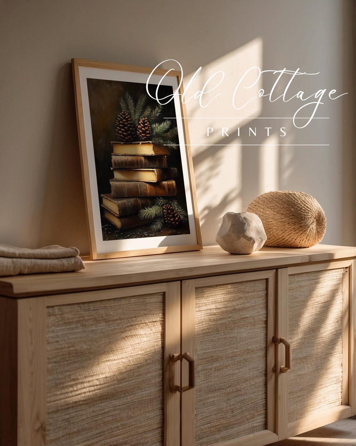Stack Of Antique Books With Pinecones For Winter Cabin Wall Poster - Image 2