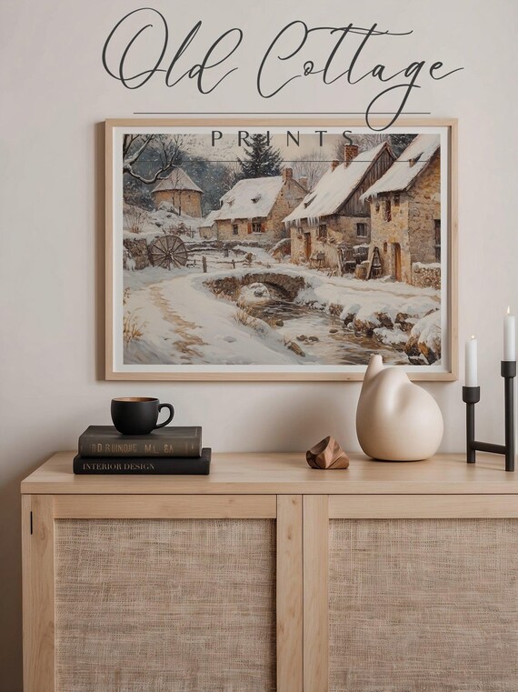 Snowy Stone Cottage Village with Bridge Watercolor Winter Scene Poster