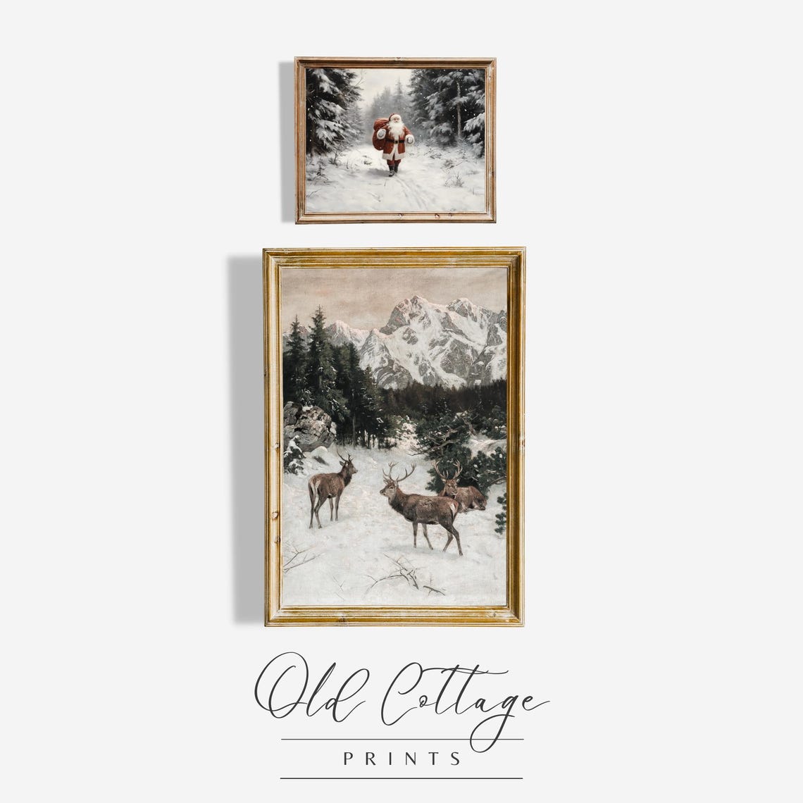 Santa In Snowy Forest And Deer In Winter Mountains Poster Set