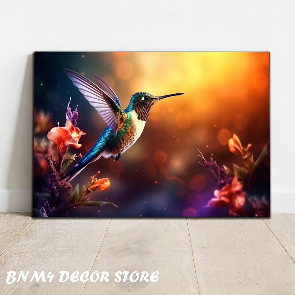 Golden Sunset Hummingbird Flying Orange Blossom Wildlife Poster