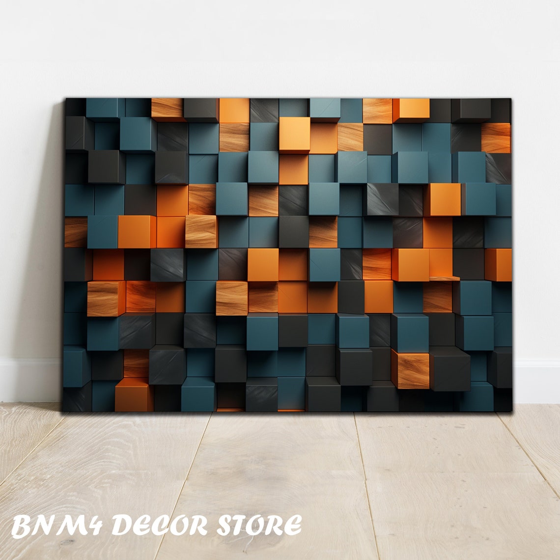 Modern 3D Voxel Cube Abstract Geometric Teal Orange Wood Wall Poster