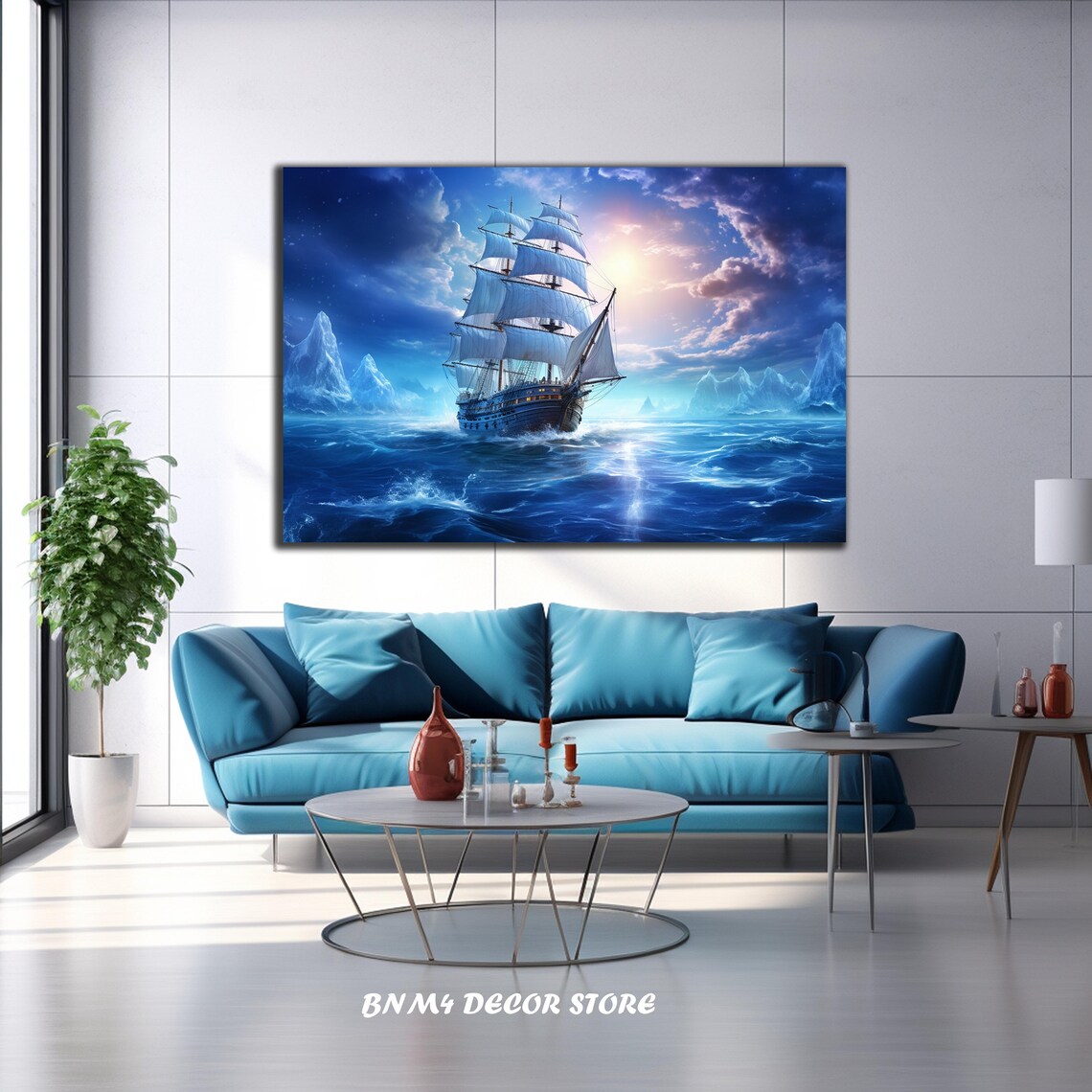 Ship on Blue Ocean, Coastal Nautical Art Print