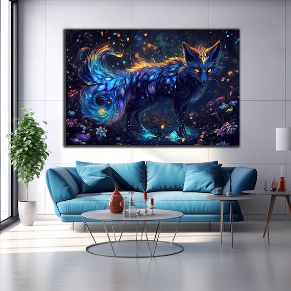 Magical Blue Galaxy Fox Glowing Tail Night Forest Fantasy Art Poster