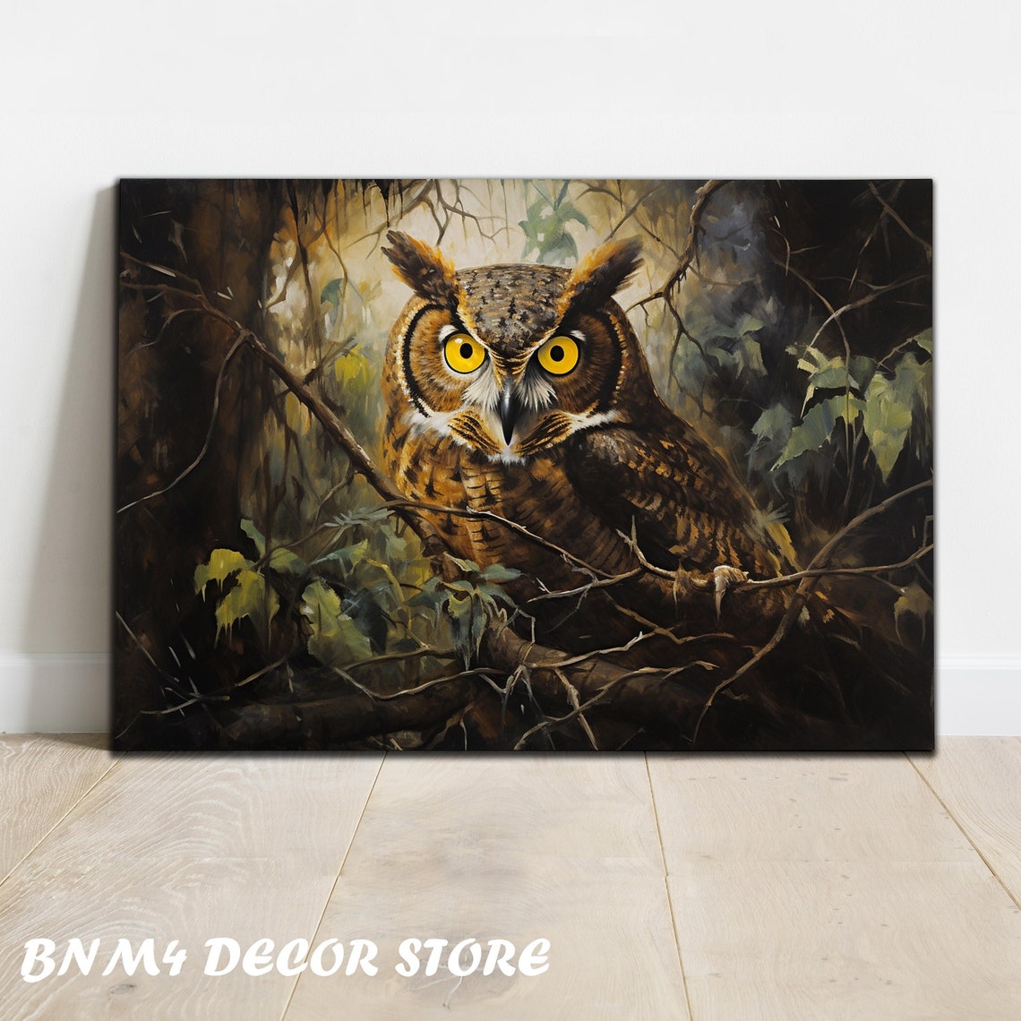 Great Horned Owl Golden Eyes Dark Forest Painting Wildlife Art Poster