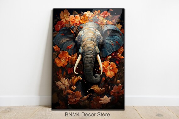Elephant Head Orange Flowers Dark Bloom Floral Animal Glass Wall Art