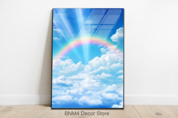 Tempered Glass Rainbow Wall Art White Clouds Glass Art Extra Large Wall Art Sky Wall Decor Sky Glass Art Clouds And Rainbows Glass