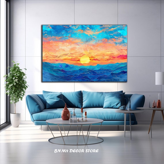 Tempered Glass Sunset Wall Art Watercolor Glass Printing Housewarming Gift Large Wall Art Orange Clouds Wall Hangings Blue Sky Art