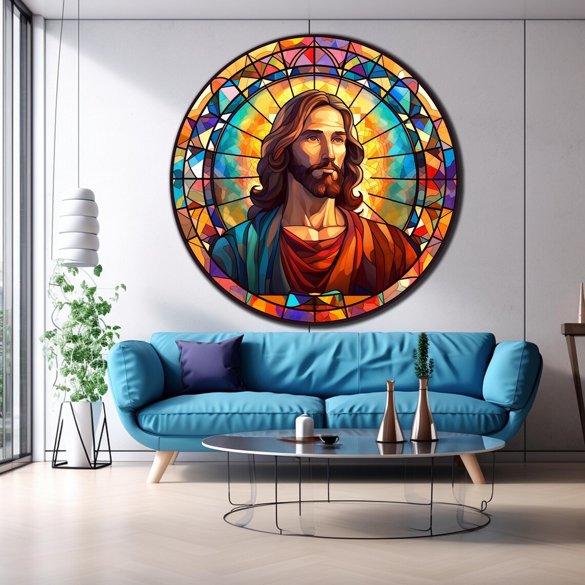 Jesus Christ Stained Glass Portrait Round Colorful Mosaic Halo Poster