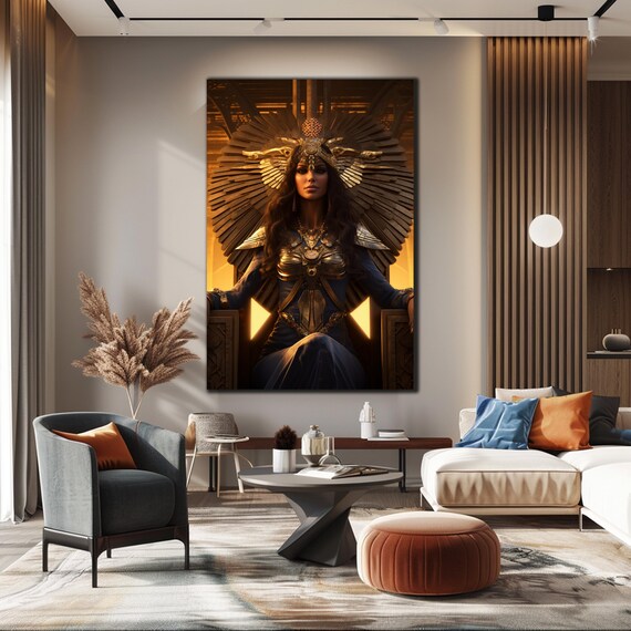 Egyptian Goddess Seated Golden Throne Winged Crown Divine Art Poster