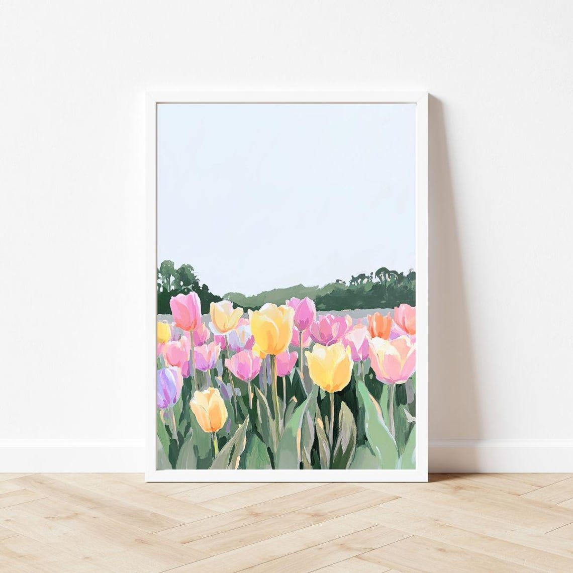 Pastel Tulip Field Painting in Spring Colors Floral Wall Poster - Image 3