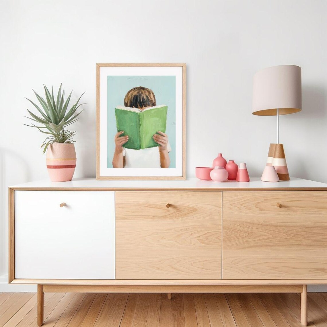 Brunette Boy Reading Green Book, Pastel Art Print - Image 2