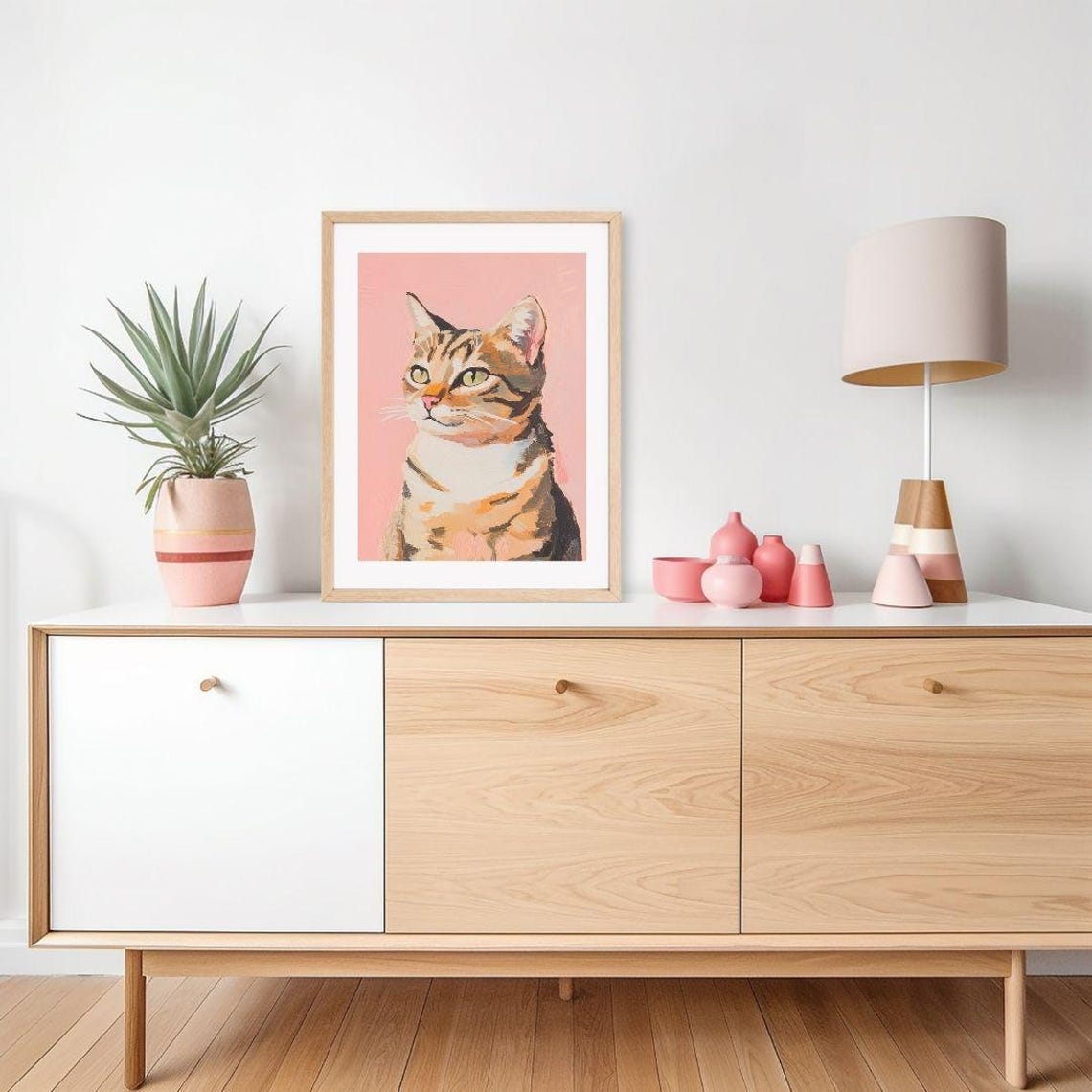 Tabby Cat Portrait With Green Eyes on Pink Background Poster - Image 2
