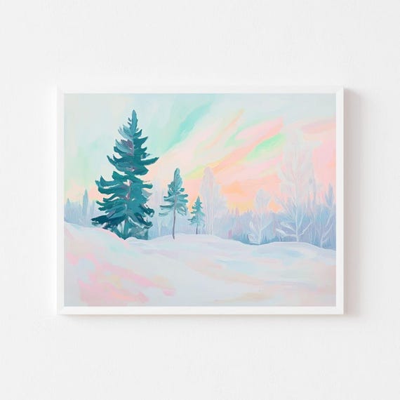 Northern Lights Landscape Painting Neon Finland Trees Wall Art Print Colorful Snow Scenery Winter Nature