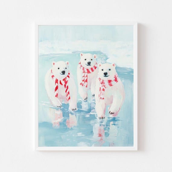 Polar Bears In Scarves Winter Painting Art Print