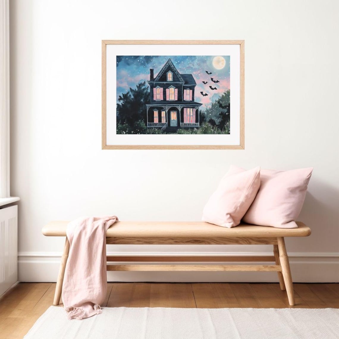 Black Haunted House and Bats, Pink Halloween Art Print - Image 2