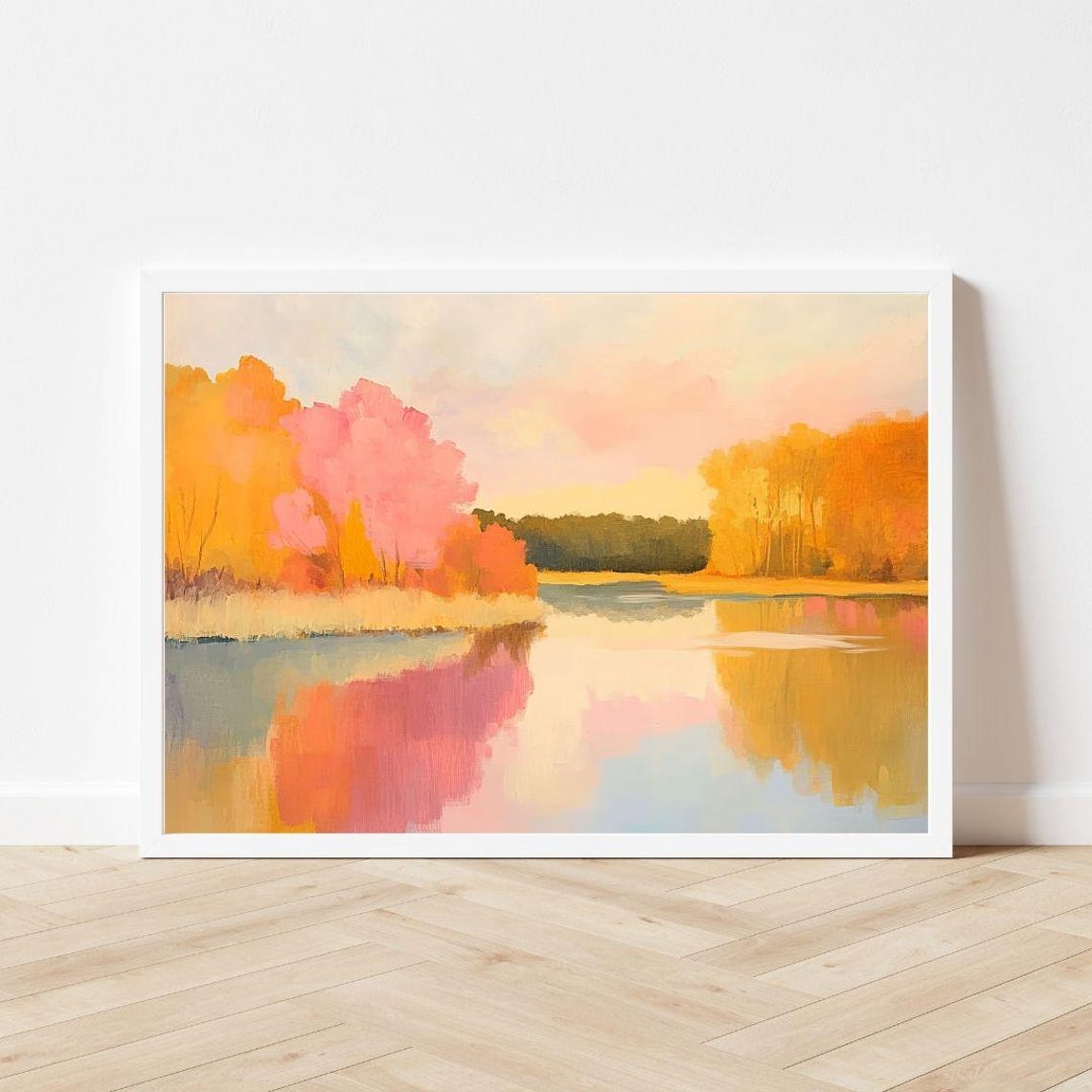 Pink and Gold Autumn Forest Lake Reflections Painting Poster - Image 3