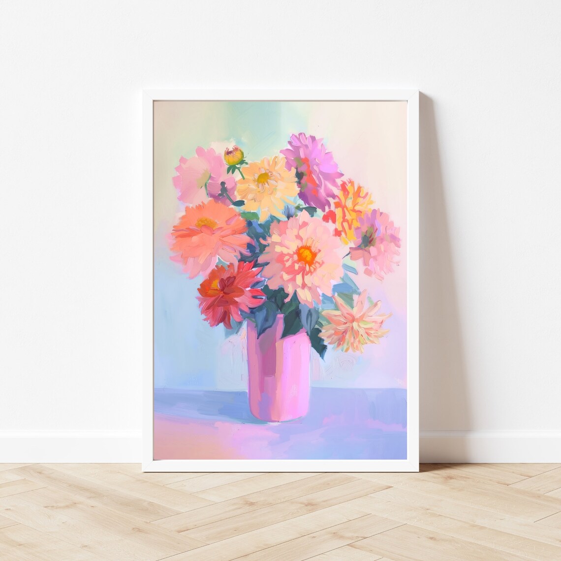 Lush Pink Dahlia Bouquet in Vase Floral Still Life Fresh Poster - Image 3