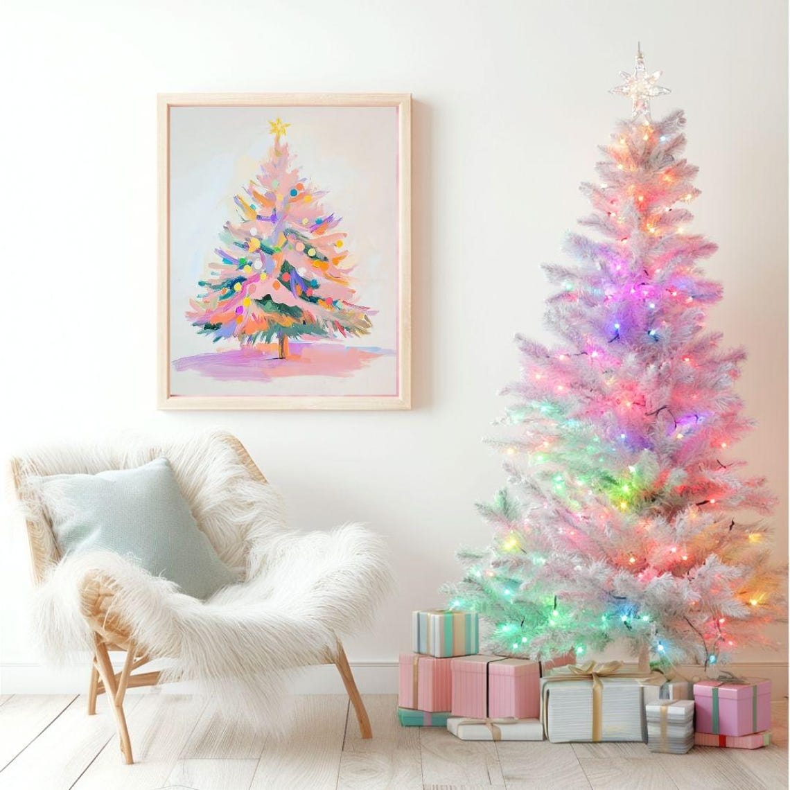 Pink Christmas Tree With Colorful Lights Modern Holiday Poster - Image 2