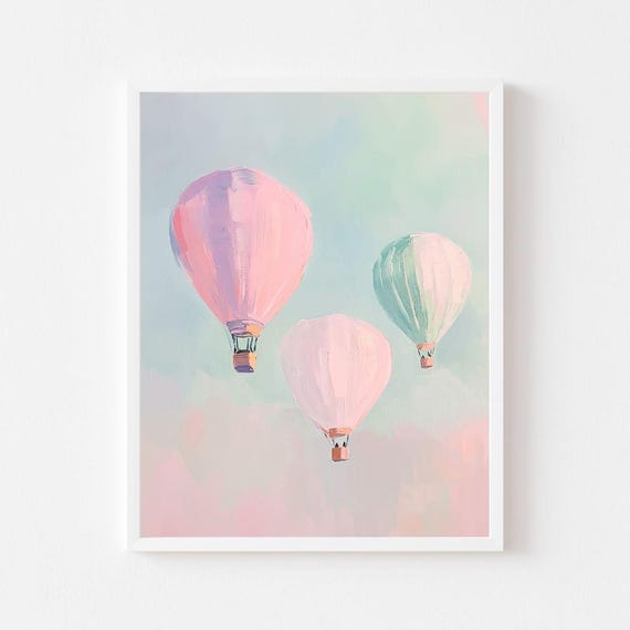 Pastel Hot Air Balloons Painting Colorful Girls Room Wall Art Print Pink Whimsical Playroom Girly Sunset