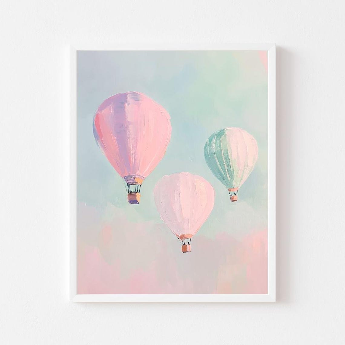 Pastel Hot Air Balloons Drifting in a Soft Pink Morning Sky Poster