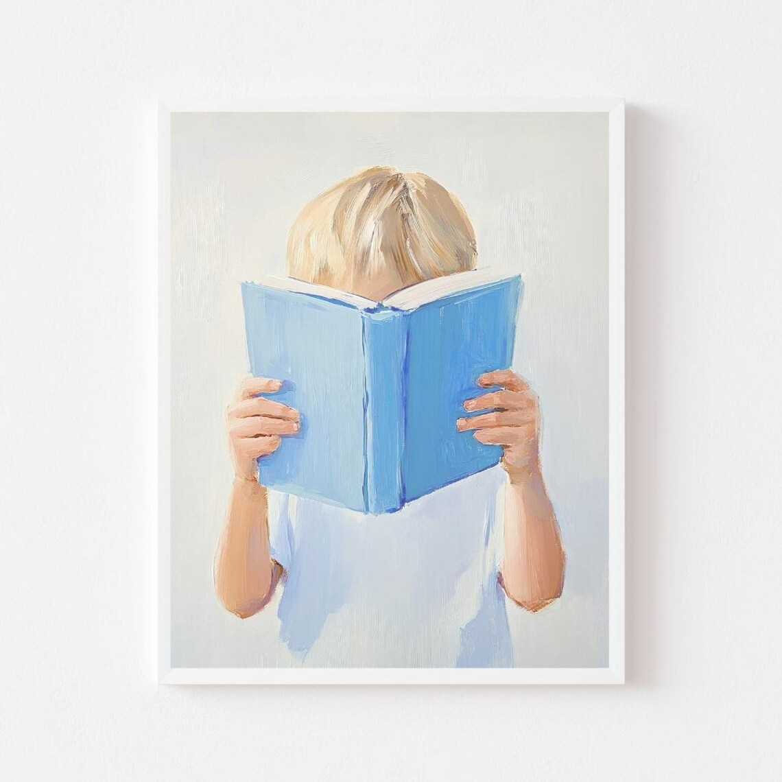 Blonde Boy Reading Blue Book Painting, Pastel Wall Art Print