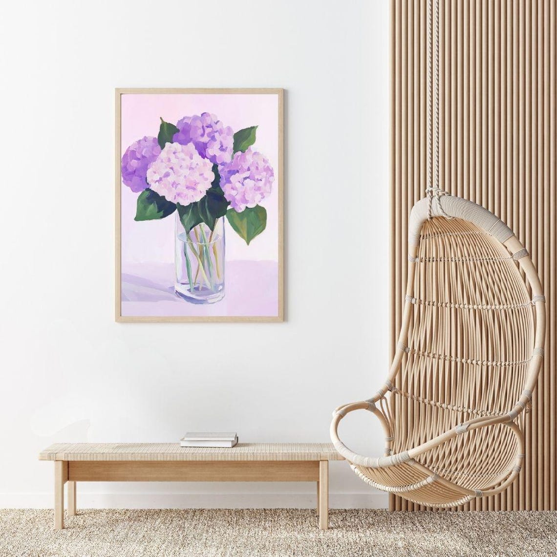 Lavender Hydrangea Flowers In A Clear Glass Vase Floral Poster - Image 2