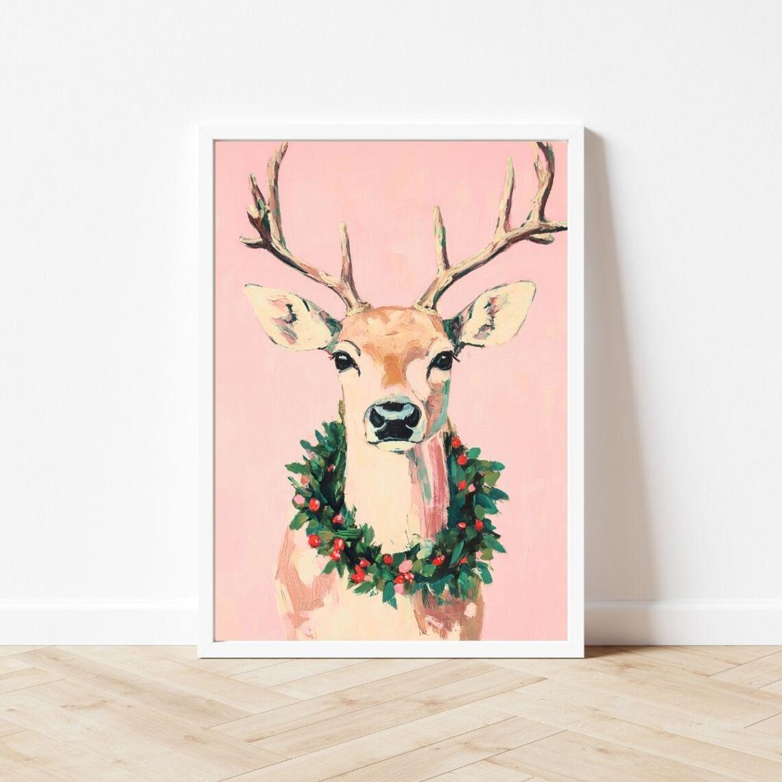 Christmas Wreath Reindeer Art Print, Pink Holiday - Image 3