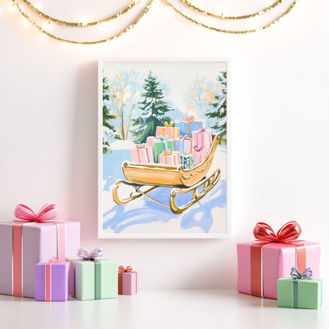 Golden Sleigh Full of Pastel Wrapped Gifts Christmas Radiant Poster - Image 2