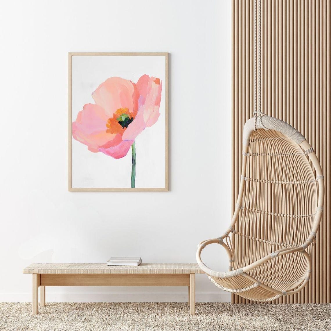 Single Pink Poppy Painting Pastel Flower Wall Art Print Classic Coral Anemone Vintage Girls Room Floral - Image 2