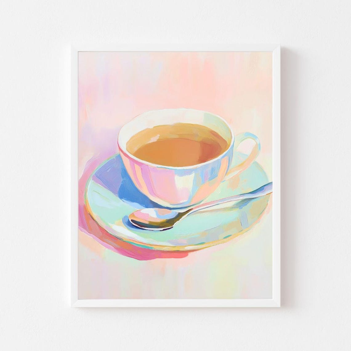 Pastel Tea Cup and Spoon on a Saucer Kitchen Painting Poster