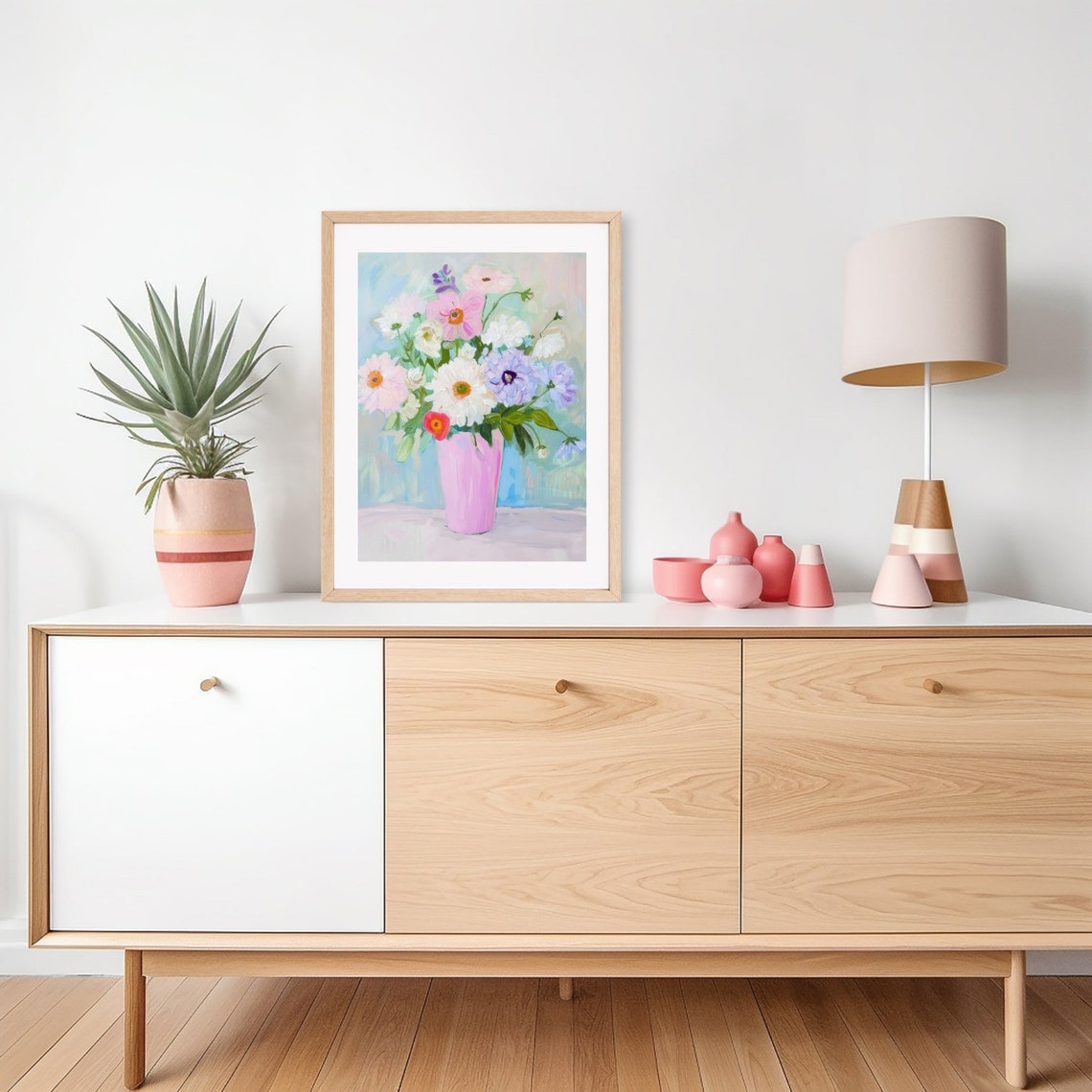 Pastel Daisy and Dahlia Bouquet in Pink Vase Spring Floral Poster - Image 2