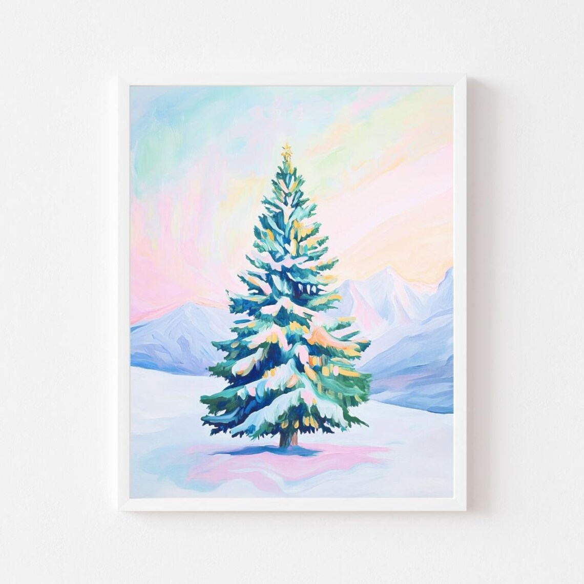 Northern Lights Christmas Tree, Pastel Winter Art Print