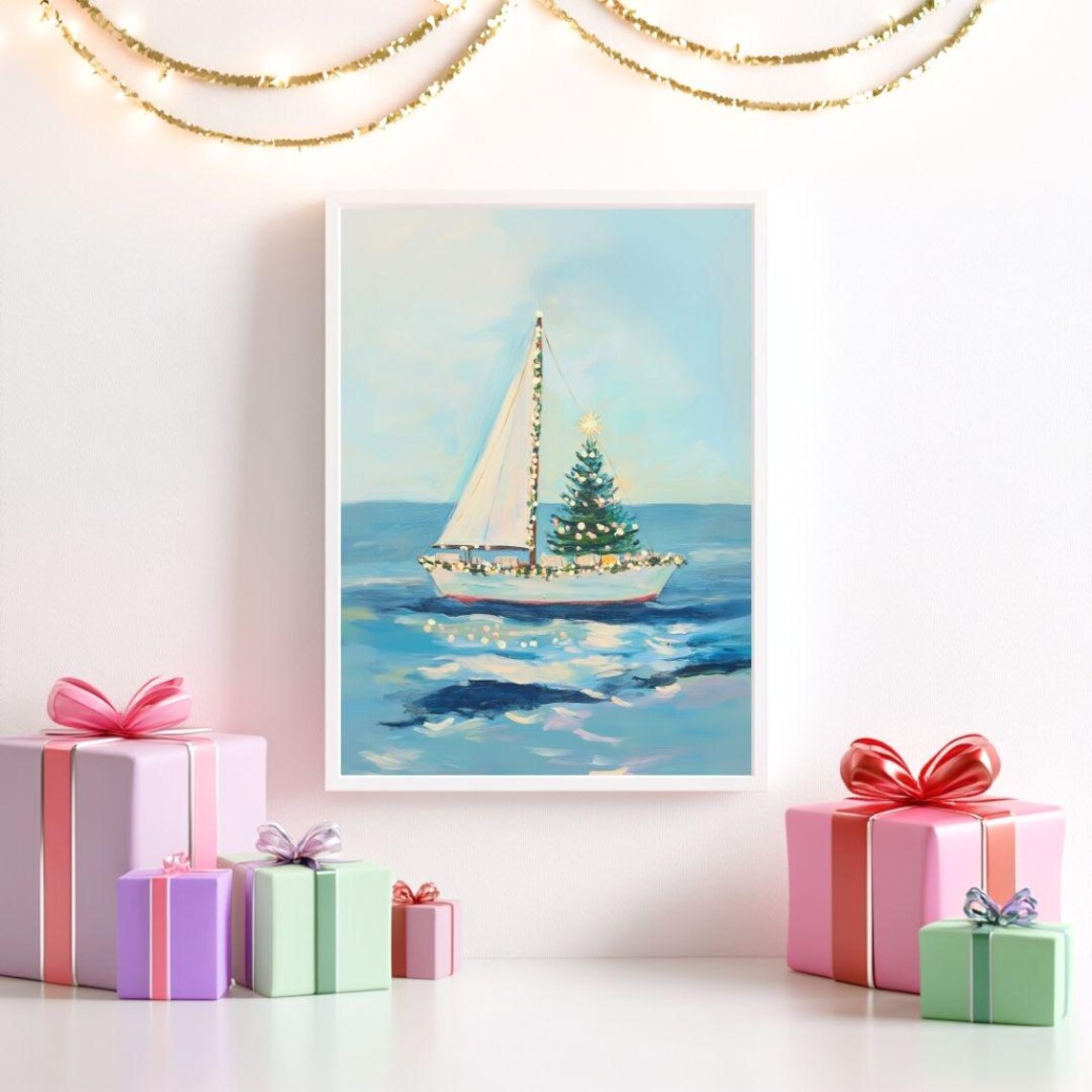 Christmas Tree on a Sailboat, Coastal Holiday Poster Print - Image 2